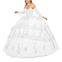 Women's Long Sleeves Quinceanera Dresses Lace Applique Beading Ball Gown Sweet 16 Dress