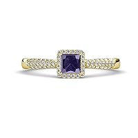Princess Cut Iolite and Round Diamond 1 1/10 ctw Womens Micro Pave Tapered Shank Halo Engagement Ring in 14K Gold