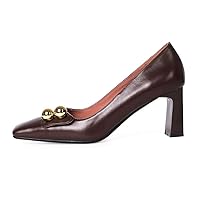 TinaCus Women's Genuine Leather Square Toe Handmade Mid Brick Heels Slip On Fashion Pumps Shoes