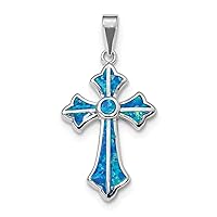20.1mm 925 Sterling Silver Rhodium Plated Blue Inlay Simulated Opal Religious Faith Cross Pendant Necklace Jewelry for Women