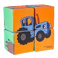 Soft Cubes Set - Russian Cartoon Blue Tractor Animal Theme, Textile Blocks for Creative Play, 4 Pcs