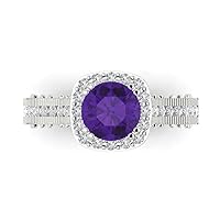 1.89ct Round Cut Solitaire Halo Natural Amethyst Proposal Designer Wedding Anniversary Bridal Accent ring 14k White Gold