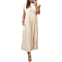 Women Pleated Simple Solid Color Dress, Women's Pleated Dress, Round Neck Solid Loose Summer Long Dress