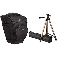 Amazon Basics Holster Camera Case for DSLR Cameras - 6.9 x 6.3 x 9 Inches, Black & Lightweight Camera Mount Tripod Stand with Bag - 16.5-50 Inches