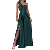 Evening Dress, Women Wedding Guest Party Gown Sleeveless One Shoulder Twist Pleated Slit Sexy Maxi Dress