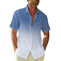 Mens Gradient Linen Shirts Casual Button Down Short Sleeve Beach Summer Shirts