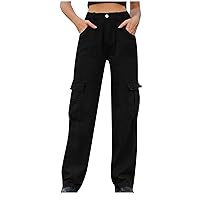 Women High Waisted Cargo Jean Pants Straight Leg Relaxed Fit Baggy Solid Hiking Pants with Pockets for Going Out