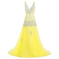 Women Crystal Prom Dress V-Neck Formal Party Long Evening Gowns
