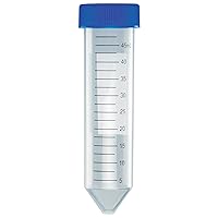 6288 Polypropylene Centrifuge Tube with Attached Blue Flat Top Screw Cap, Sterile, Printed Graduation, Bag Pack, 50mL Capacity (Case of 500)