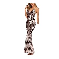Women's V-Neck Sleeveless Sequined Mesh Stretch Cocktail Party Dress