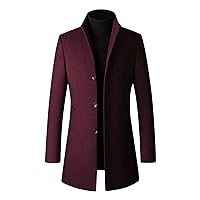 Mens Wool Blend Trench Coat Stand Collar Single Breasted Business Pea Coats Stylish Mid-Length Overcoat Jacket