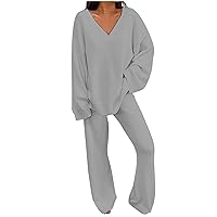 Womens Fuzzy Fleece Pajamas Set Long Sleeve Pjs Soft Loungewear Solid Pants Set 2 Piece Outfit Baggy Warm Sleepwear