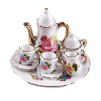 1:12 Dollhouse Miniature Furniture White Ceramic Rose Teapot Set Mini Doll Afternoon Tea Accessories 6-Piece Set