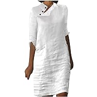 Chinese Button Cotton Linen Dressy Knee Dress for Womens Summer Half Sleeve Trendy Casual Elegant Sheath Dresses