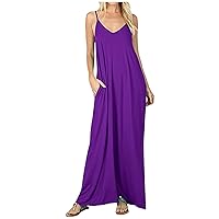 Summer Dresses for Women 2024 Spaghetti Strap Dress Casual Sleeveless Cotton Maxi Tank Dress with Pockets