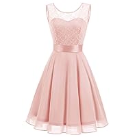 Women's Short Floral Lace Bridesmaid Dress A-line Swing Party Dress with Belt
