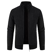 Men Stand Collar Sweaters Fleece Thick Warm Knitted Sweater Coat Solid Zipper Pocket Cardigan