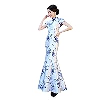 Elegant Women Satin Print Floral Improved Slim Mermaid Qipao Retro Mandarin Collar Chinese Dress Plus Size -