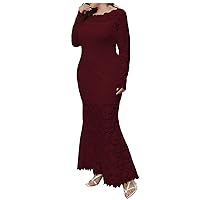 Womens Plus Size Lace Cocktail Dresses Elegant Long Sleeve Long Wedding Guest Dresses Slimming Formal Evening Gowns
