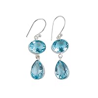 Oval and Pear Two-Stone 925 Sterling Silver Drop and Dangle Handamde Earrings Elegant Jewelry for Women (Sky Blue Topaz)