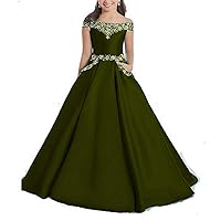 Girl's Satin Beaded Pageant Dress with Pockets A Line Off Shoulder Princess Ball Gown Army Green