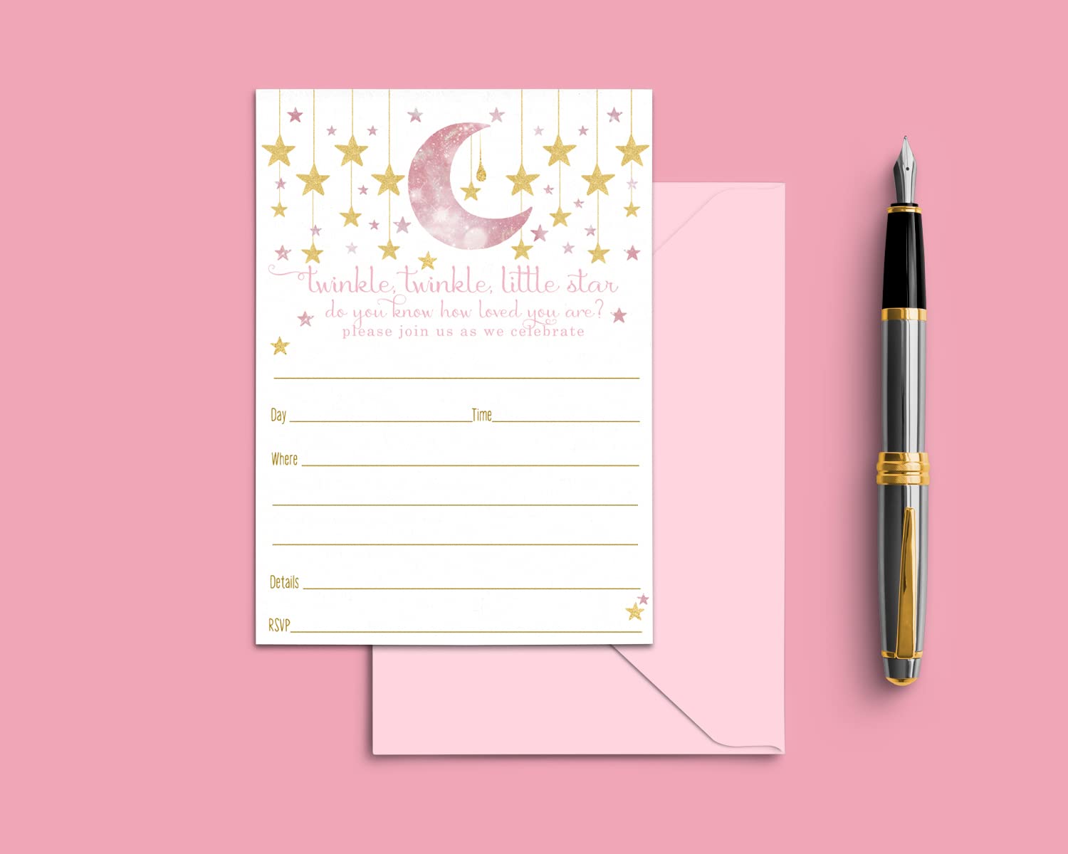 Paper Clever Party Twinkle Little Star Invitations and Envelopes (15 Pack) Blank Invites for Girls Baby Shower, Reveal, Sprinkle – Celestial Theme Design Pink and Gold - Printed 4x6 Size Card Set