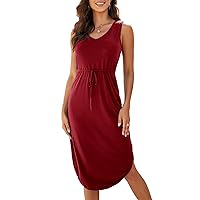 Hount Womens V Neck Sleeveless Casual T Shirt Dress Summer Midi Dress with Pockets