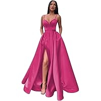 Women's Satin Prom Dresses Long Ball Gown V Neck High Slit Ruched Corset Formal Party Dress with Pockets