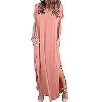 XJYIOEWT Tshirt Dress,Women's V Neck Solid Color Casual Pocket Split Long Dress Casual Dress for Women Fall