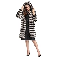 Women Genuine Rex Rabbit Fur Long Coat Chinchilla Color Plus Size with Hood