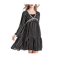 Womens Summer Holiday Dress Plus Size Chiffon Stripe Print Crew Neck Flared Sleeve Ruffle Midi Sundress L-5XL