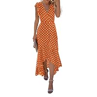 GRECERELLE Women's Summer Floral Print Cross V Neck Dress Bohemian Flowy Long Maxi Dresses PD-Orange-Small