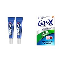 Abreva 10 Percent Docosanol Cold Sore Treatment, Treats Your Fever Blister in 2.5 Days - 0.07 oz Tube x 2 & Gas-X Extra Strength Chewable Gas Relief Tablets with Simethicone 125 mg, Cherry - 72 Count