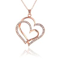 14K Rose Gold Silver Double Heart Shaped Necklace Shiny Crystal Stud Earrings Wedding Jewelry Set Best Gifts