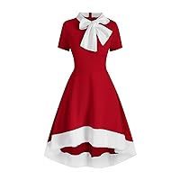 Women Christmas Retro Sailor Tie Neck Short Sleeve Cocktail Party Prom Dress 1950s Vintage Audrey Hepburn Style Dress