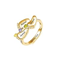 MRENITE 10K 14K 18K Gold Personalized Baby Feet Birthstone Ring for Mom with 1-4 Birthstones Custom Engraved 2-4 Names Foot Print Ring for Mom Wife