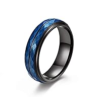 6mm Mens Comfort Fit Tungsten Carbide Ring Black Wedding Band with Blue Hammered Beveled Edge