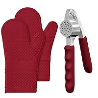 Gorilla Grip Oven Mitt and Garlic Press Peeler, Silicone Oven Mitts Set of 2 Slip Resistant, Garlic Press and Peel Set Heavy Duty Both in Red, 2 Item Bundle