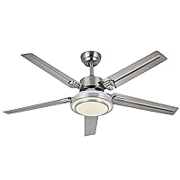 Ceiling Fan with Lights Remote Control, Indoor Modern Minimalist LED Dimmable Brushed Nickel Chandelier, 52 Inch Stainless Steel Pendant Light for Kitchen Garage Dining Room（Silver）