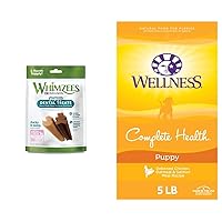 Whimzees by Wellness Dental Treats + Puppy Food Bundle: XSmall/Small 30 Count + Wellness Complete Health Dry Puppy Food, Added Vitamins, Minerals, and Taurine, Chicken, 5 Pound Trial Bag