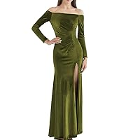 Off The Shoulder Velvet Split Mermaid Evening Gown Long Prom Party Dresses with Two Sleeves