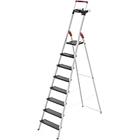 Hailo L100 Pro | Aluminum Folding Stepladder | Eight Steps | Extendable Safety Rail | Integrated Multifunctional Storage Tray | Folding Safety Mechanism with Platform Locking System| Black