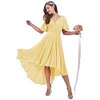 Bridesmaid Dresses for Wedding Chiffon Ruffle Sleeve V Neck Hi-Lo Formal Dress for Evening Party with Pockets