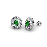 Oval Cut Green Garnet & Baguette Natural Diamond 1.24 ctw Women Milgrain Halo Stud Earrings 14K Gold