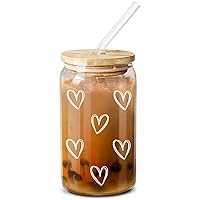 NewEleven Cute Glass Coffee Cups With Lids And Straw – Aesthetic Cups – Iced Coffee Cup, Coffee Tumbler, Glass Tumbler – Cute Gifts For Women, Coffee Lover - 16 Oz Coffee Glass