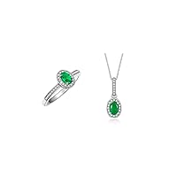Rylos Matching Jewelry Sterling Silver Halo Pendant Necklace & Matching Ring. Gemstone & Diamonds, 18
