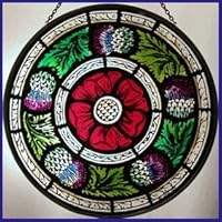 Decorative Hand Printed Stained Glass Window Sun Catcher/Roundel in a Scottish Rose and Thistle Design