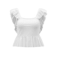 Women's Tops Women's Shirts Sexy Tops for Women Eyelet Embroidery Ruffle Trim Tie Backless Top