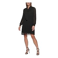 DKNY Womens Black Pleated Sheer Lined Long Sleeve Tie Neck Above The Knee Formal Shift Dress 4