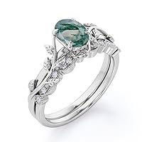 Natural Moss Agate Rings for Women Embellished with Real Diamond Moss Agate Engagement Ring Branch Leaf Style 925 Sterling Silver 10K 14K 18K Gold Green Moss Agate Proposal Ring for Women